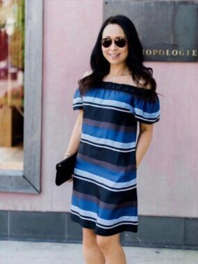 Banana Republic Silk Stripe Off The Shoulder Shift Dress Womens S Lined Pockets